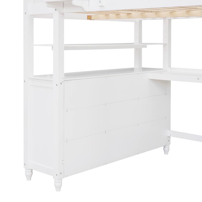 Full Size Loft Bed with Drawers and Writing Desk, Wooden Storage Bed with Shelves, Safety Guardrails and Ladder