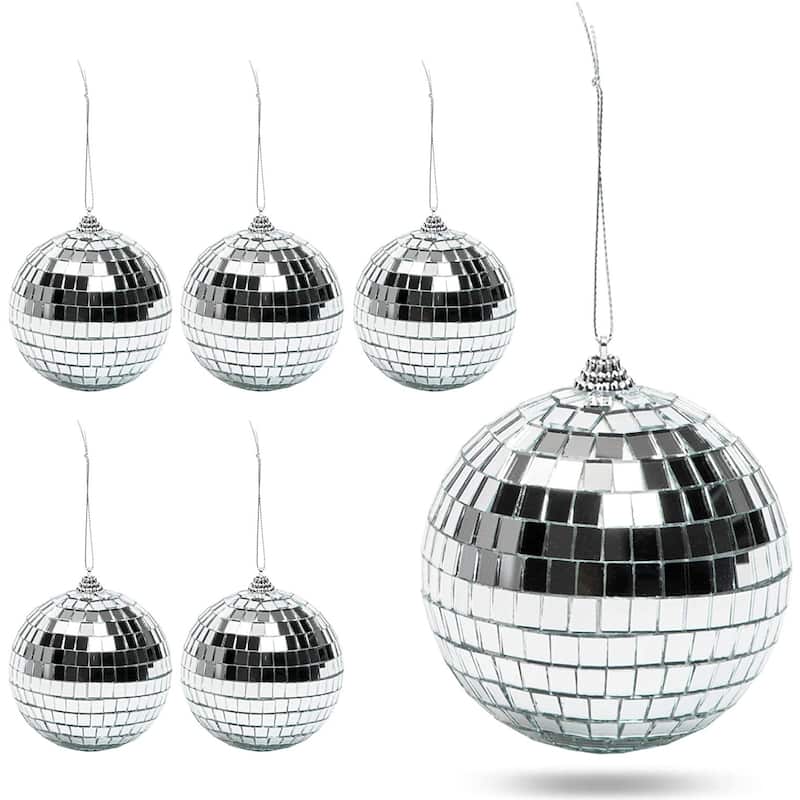 Disco Ball Christmas Tree Ornaments, Silver Decorations (4 Inches, 6