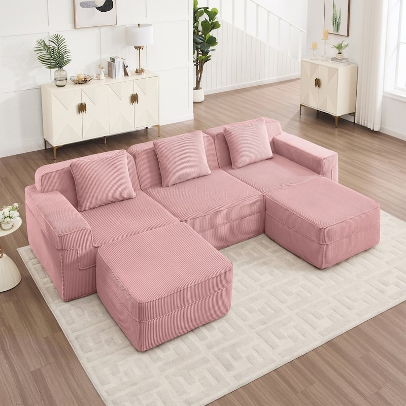 Modular 3-Seat Sectional Sofa with Throw Pillows and 2 Movable Ottomans