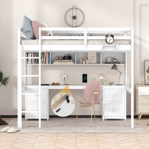 slide 2 of 34, Full Loft Wood Kid Bed with Desk,Cabinet,Drawer,Tray,Charging Station White
