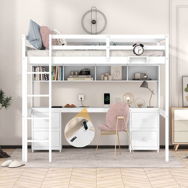 slide 2 of 16, Full Size White Loft Bed with Desk, Storage, and Charging Station White