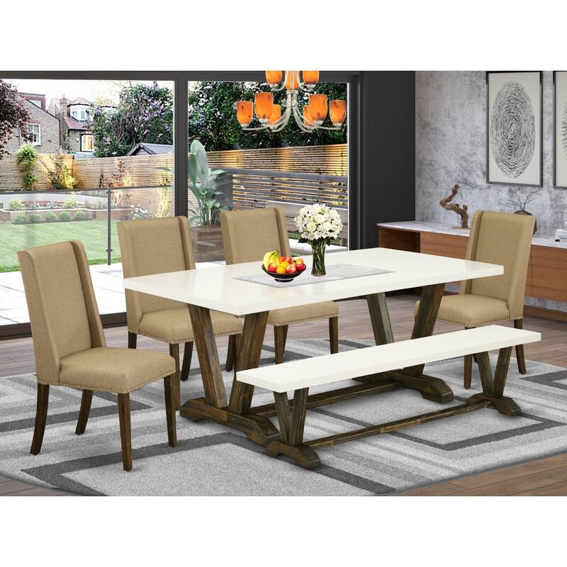 Victorian Dining Set - 6 Piece Kitchen Table Set with Bench & Chairs - Elegant Dark Khaki Fabric