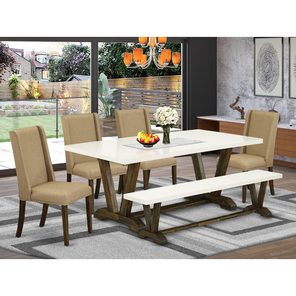 Victorian Dining Set - 6 Piece Kitchen Table Set with Bench & Chairs - Elegant Dark Khaki Fabric