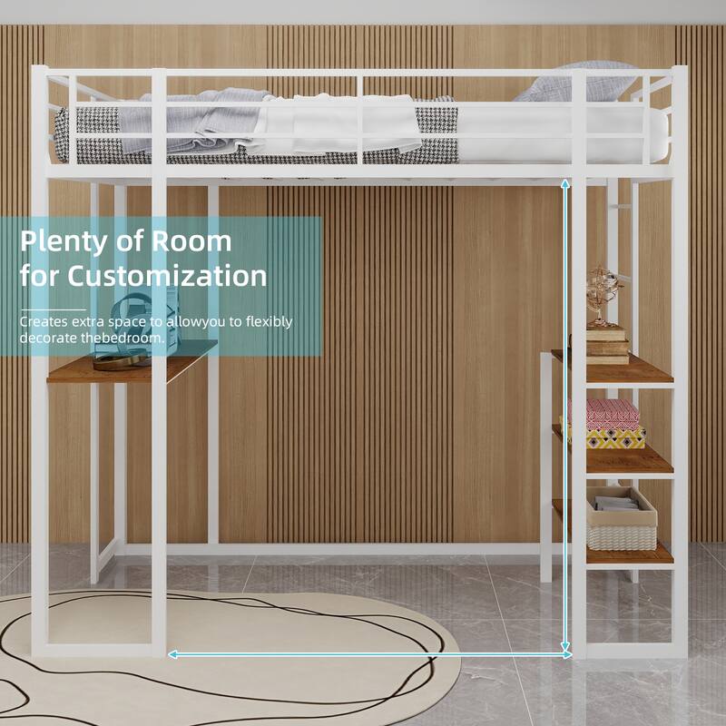 Space-Saving Iron Frame Bunk Bed with L-Shaped Desk and Dual Stairs