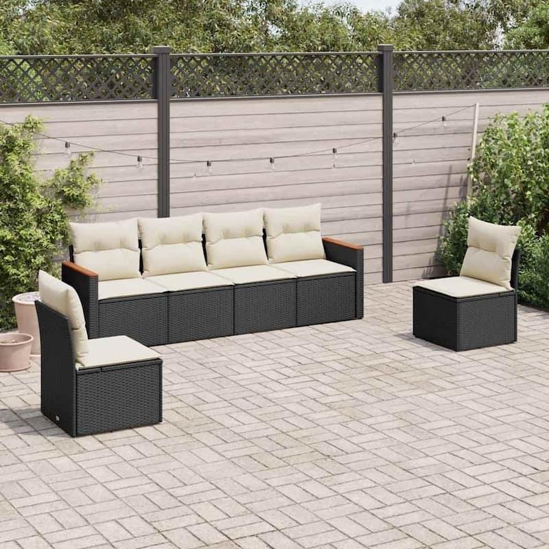 vidaXL Patio Sofa Set with Cushions Outdoor Conversation Furniture Poly Rattan - Black and cream without table - 24.4 x 24.4 x 27.2 in