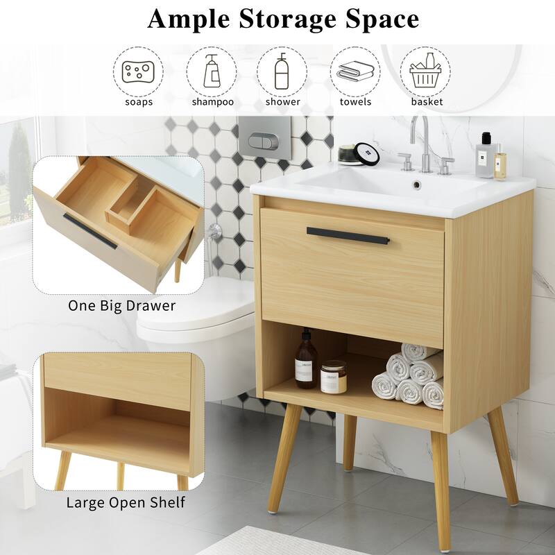 24" Bathroom Vanity with Sink Combo, Multi-functional Bathroom Cabinet with Drawer, MDF Board, Natural