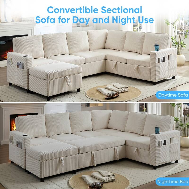 Mixoy 6 Seat U-Shaped Modular Sectional Sofa with Pull Out Bed, Sleeper Sofa Bed with Cup Holders & Storage
