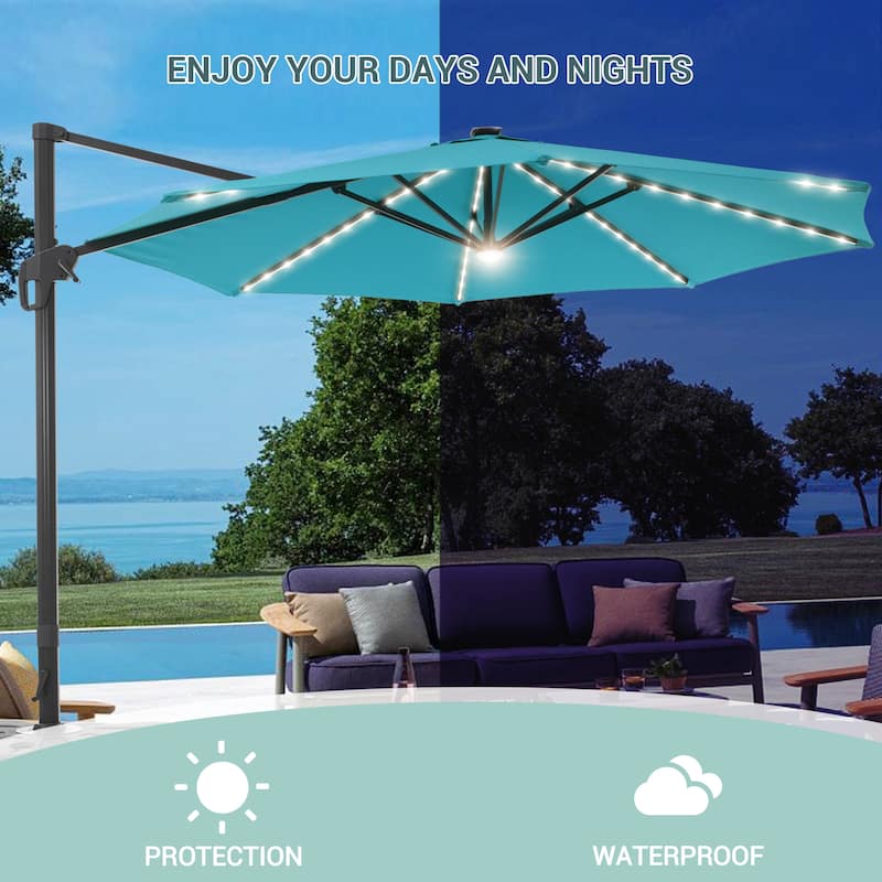 LIVOOSUN 11Ft Aluminum LED Patio Cantilever Offset Umbrella With Base