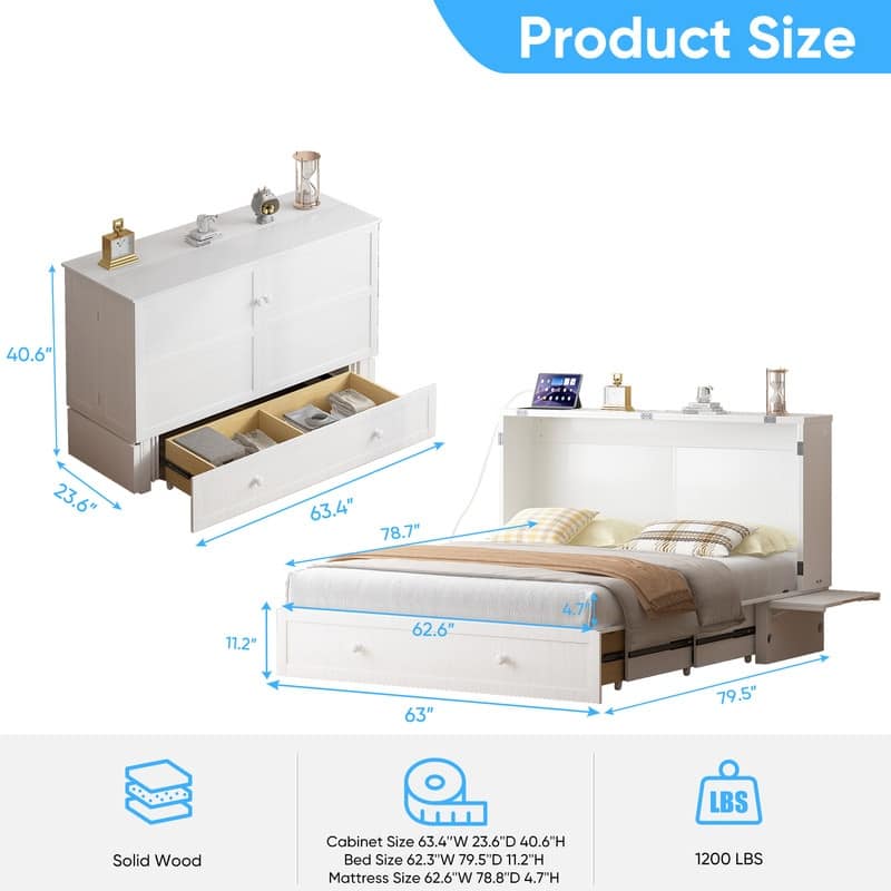 Mixoy Murphy Bed with Mattress,Cube Foldable Cabinet Bed with Charging Station