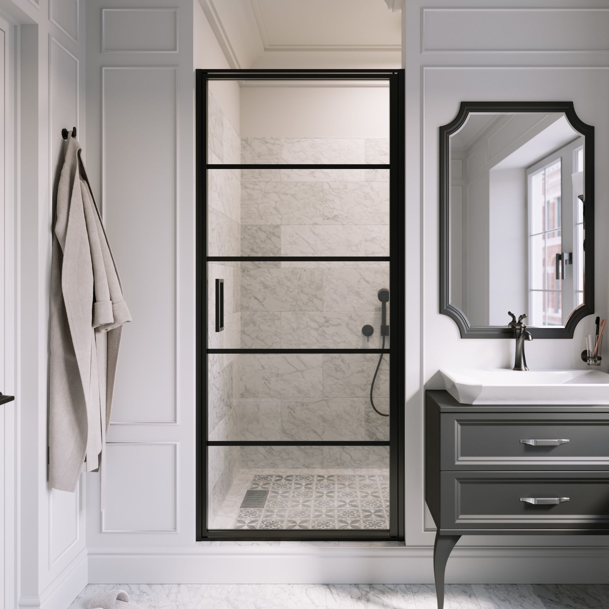 Seawin Axio Horizon 27.25 - 28 x 72 in. Framed Pivot Shower Door 5/16 in. (8 mm) Glass with NanoShield Coating
