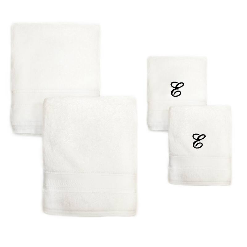 Authentic Hotel and Spa 4-piece White Turkish Cotton Towel Set with Black Monogrammed Initial Hand Towel - White - E