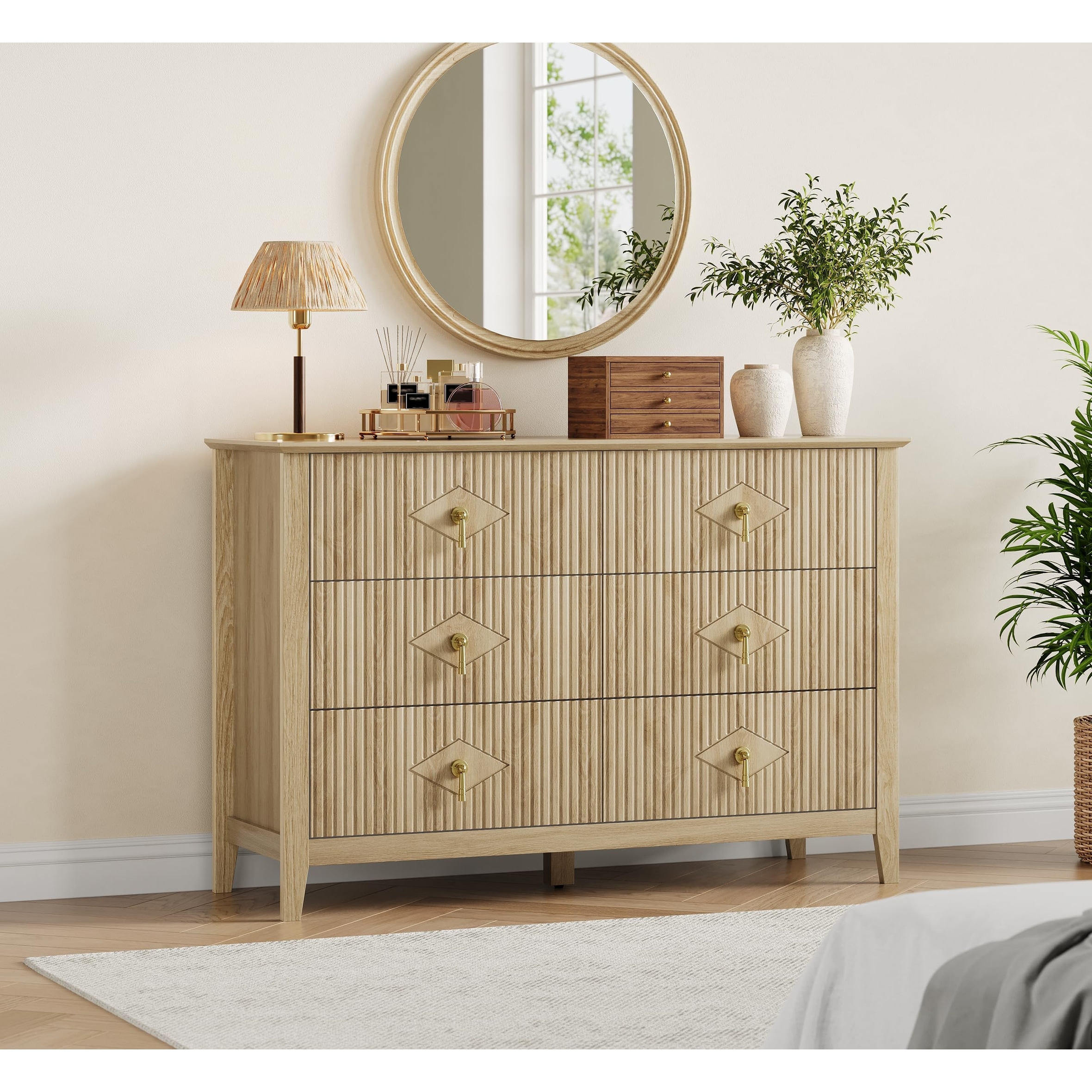 48" Wide 6 Drawer Dresser for Bedroom, Modern Wood Chest of Drawers with Metal Handles Storage Organizer