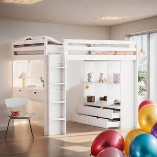 Full Size Loft Bed with large shelves, writing desk & LED Light, White