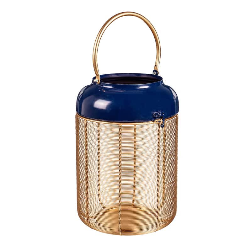 Metal Blue and Gold Lantern with Handle Set of 2