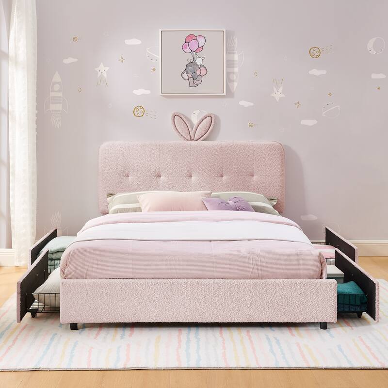 Kids Boucle Upholstered Bed with Rabbit Ear Headboard, LED Music Sync & 4 Drawers - Pink - Full