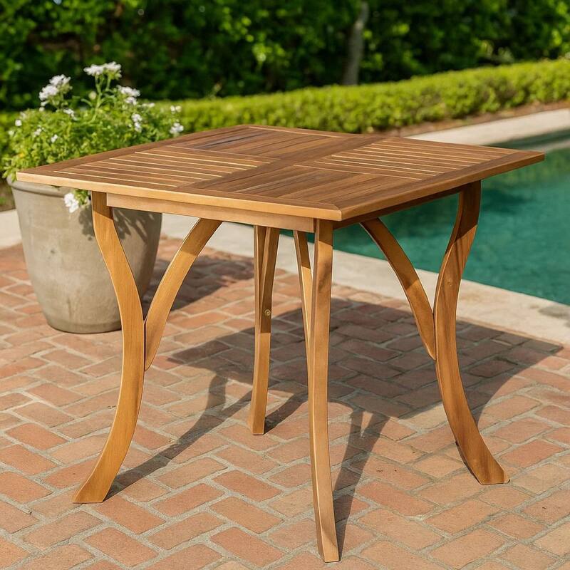Olen Outdoor Dining Table, Slatted Square 32 Inch, Brown Acacia Wood
