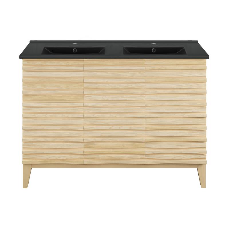 Cascade 48 In. Natural Oak, Double Basin Bathroom Vanity With Black Ceramic Sink Top