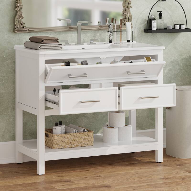 Roomfitters 36" Bathroom Vanity with Ceramic Sink, Tip-Out Tray, 2 Full-Extension Soft-Close storage units and Open Shelf - White