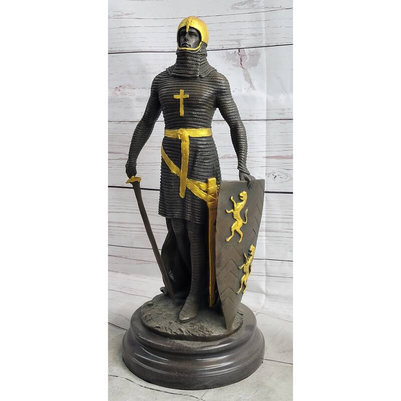 Medieval Templar Knight Crusader Soldier Warrior Bronze Sculpture Statue Figure Marble Base