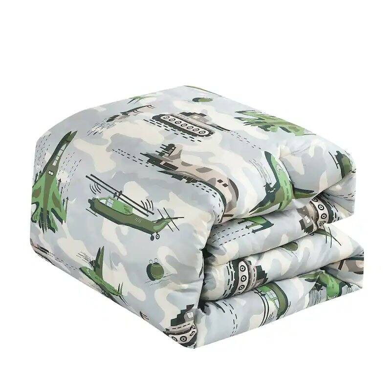 Off-White & Green Army Kids Reversible Quilt Coverlet Bedspread Bedding Set