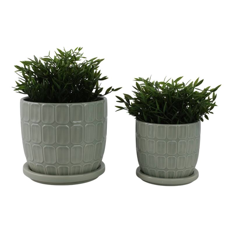Stoneware Saucer Planters with Embossed Geometric Texture (Set of 2)