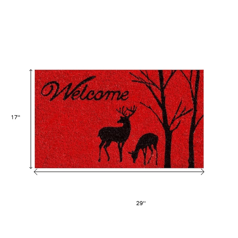 HomeRoots 17" X 29" Red And Black Christmas Deer Welcome Outdoor Coir Door Mat - 17.00' X '29.00