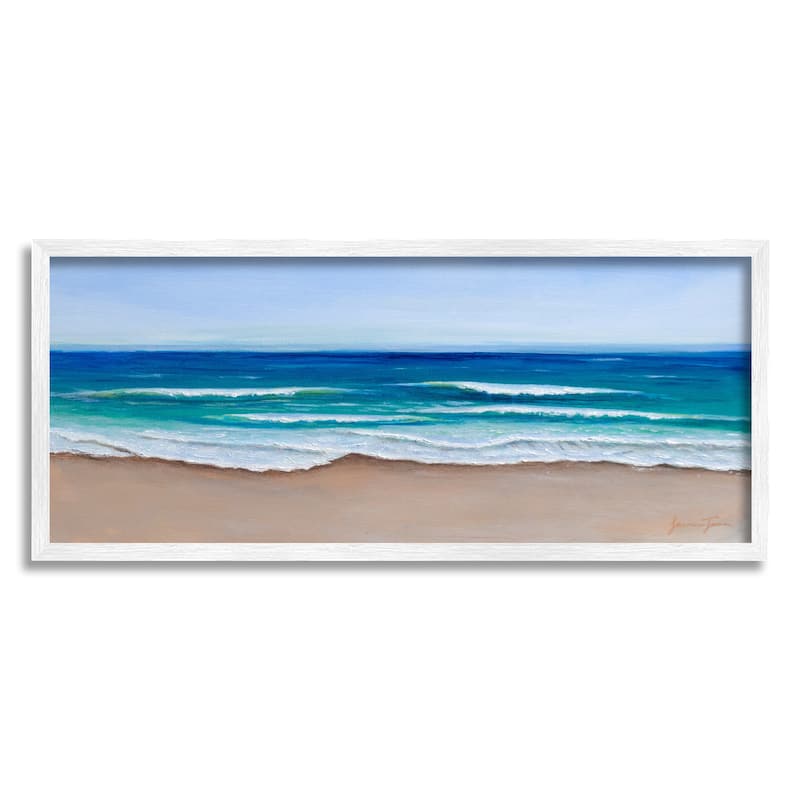 Stupell Vibrant Blue Beach Coast Ocean Shoreline Panoramic Painting Framed Wall Art - Brown - 30 x 13 - White