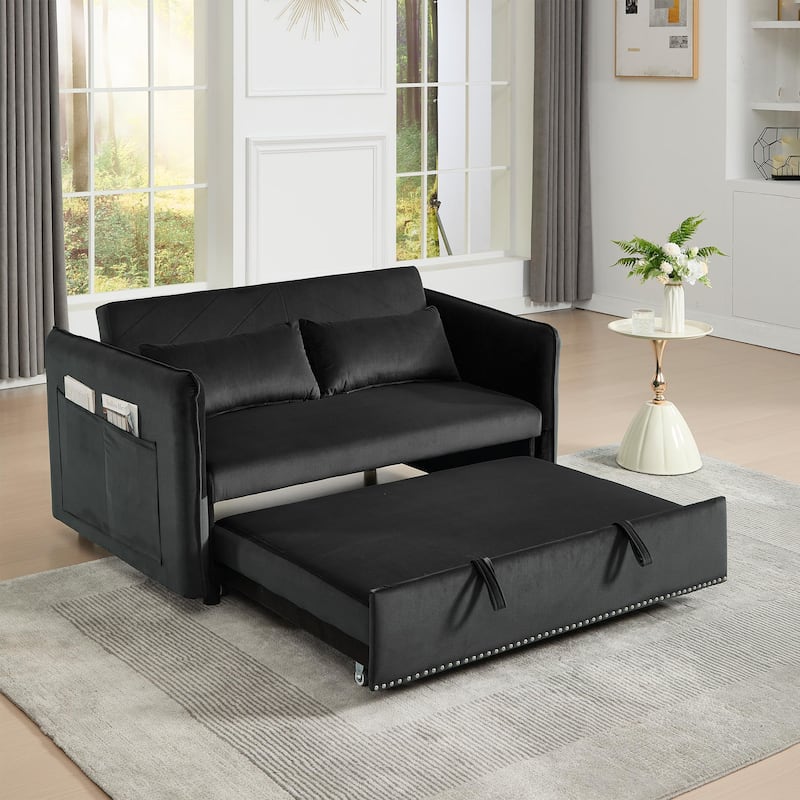 Small Convertible Sofa Bed, 55" Velvet Loveseat Couch with Pull-Out Bed, Pillows, Adjustable Backrest & Side Pockets