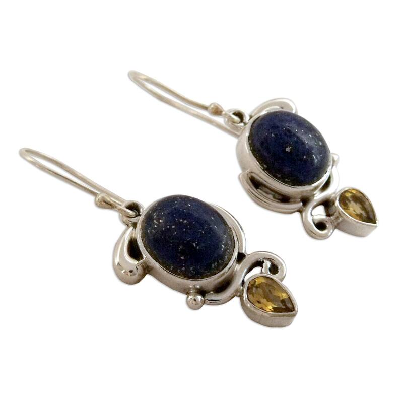 NOVICA Handmade Sterling Silver 'Royal Charm' Lapis Citrine Earrings (India) - 1.6*0.6