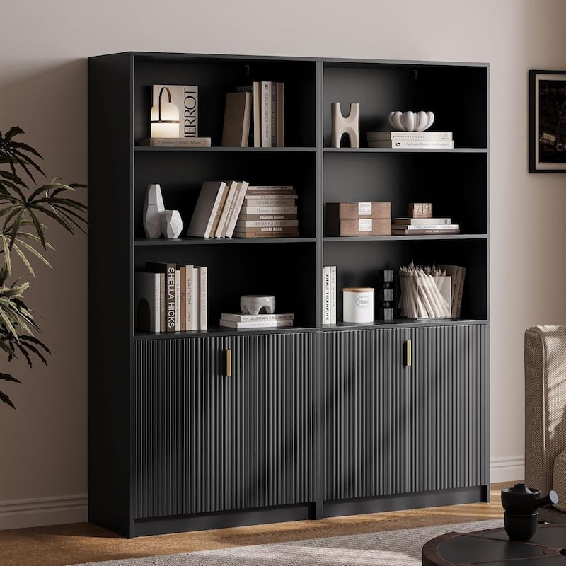 70.8 Inch Modern Display Cabinet Fluted Doors Gold Handle Bookcase Living Room Office