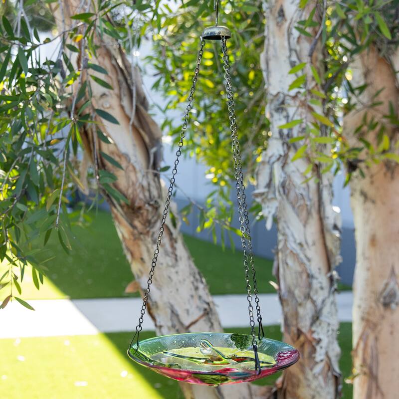 10" Glass Hanging Bird Feeder w/ Red Flowers & Hummingbird