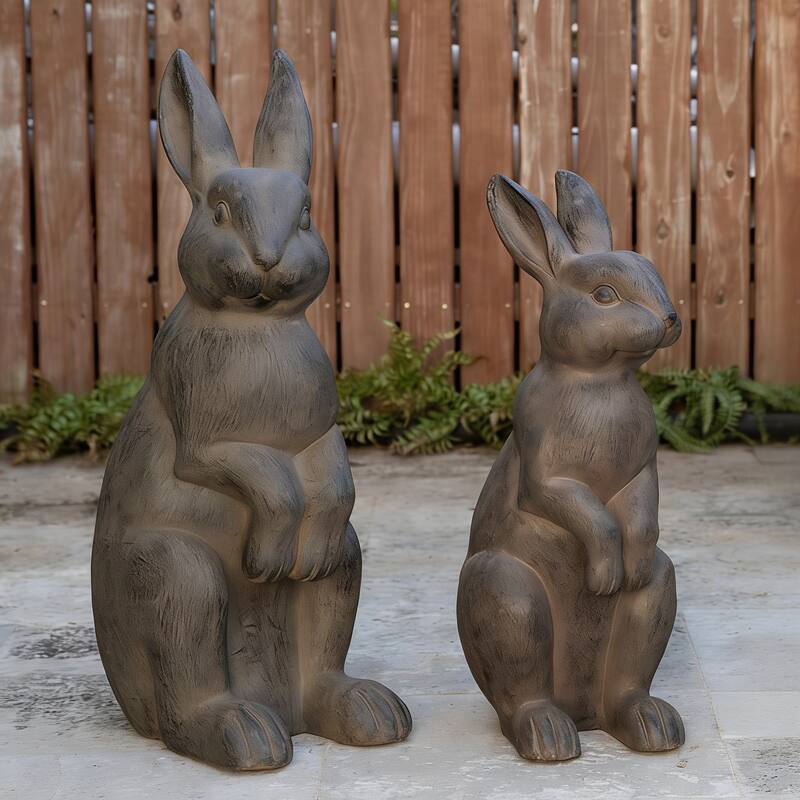 Glitzhome MgO Standing Rabbit Bunny Garden Yard Statue Indoor Figurines - Bronze-22.75"H & 28"H