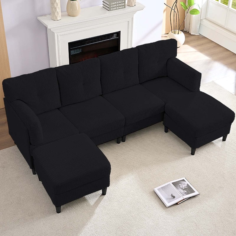 Mixoy Corduroy U-Shape Modular Convertible Sectional Sofa,Upholstered 4-Seater Sofa Couch with Movable Ottoman - U-Shape Sofa - Black