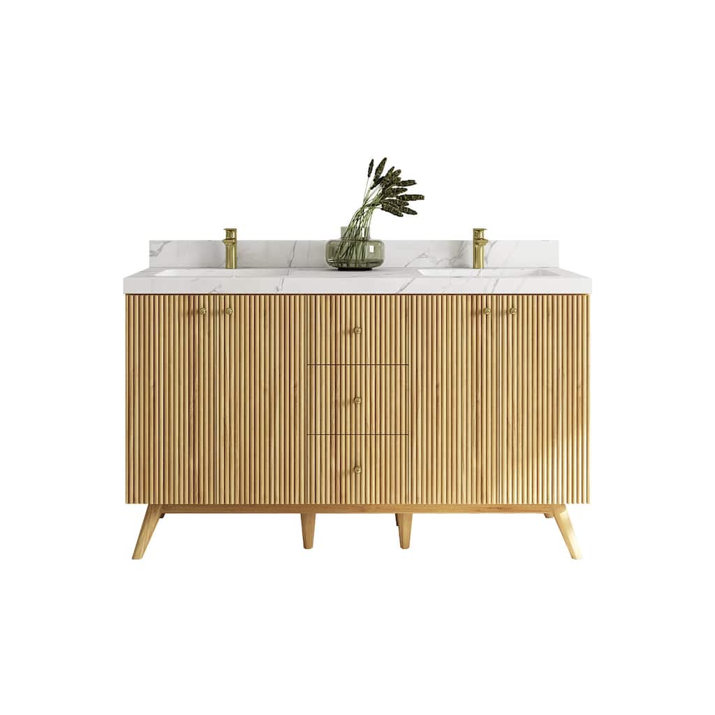 Willow Collections 60 in. W x 22 in. D Pasadena Solid Teak Double Sink Bathroom Vanity with Countertop