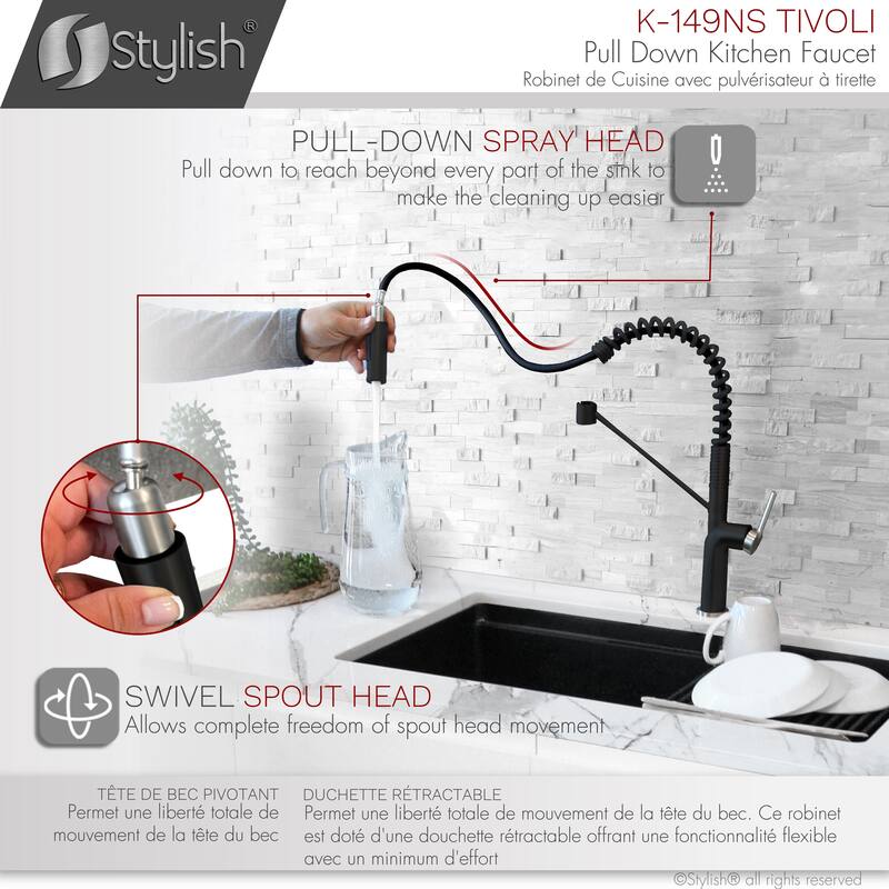 STYLISH Stainless Steel Single Handle Pull Down Sprayer Kitchen Faucet - Faucet Height: 16 3/4" | Spout Height: 7 1/2"