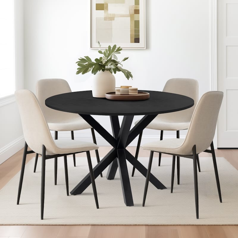 Round Dining Table Set for 4 with Upholstered Chairs and Pedestal Base