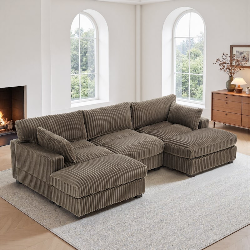 Modern Oversized Plush Corduroy Modular Sectional Sofa with 2 Ottomans