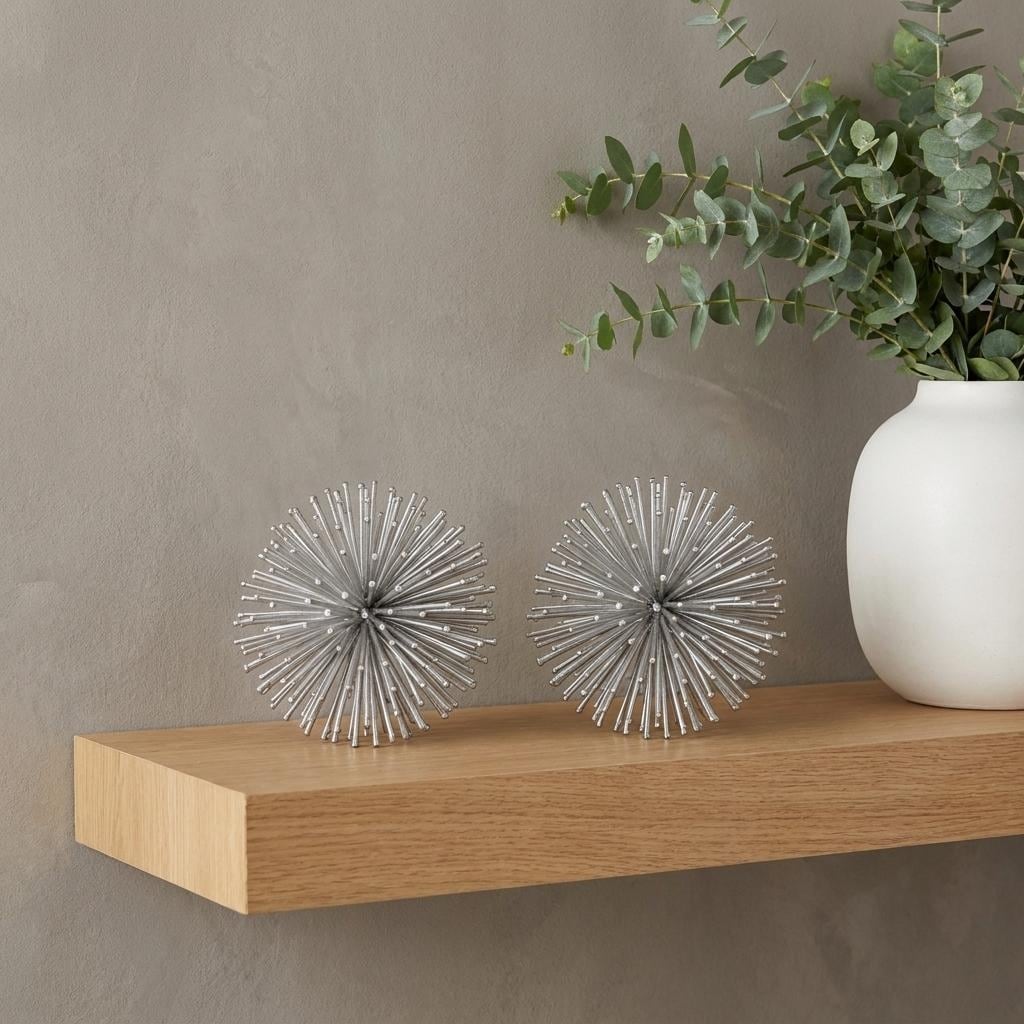 HomeRoots Set of Two Silver Iron Decorative Spiky Sphere Tabletop Sculpture - 4.00 in. x 4.00 in. x 4.00 in.