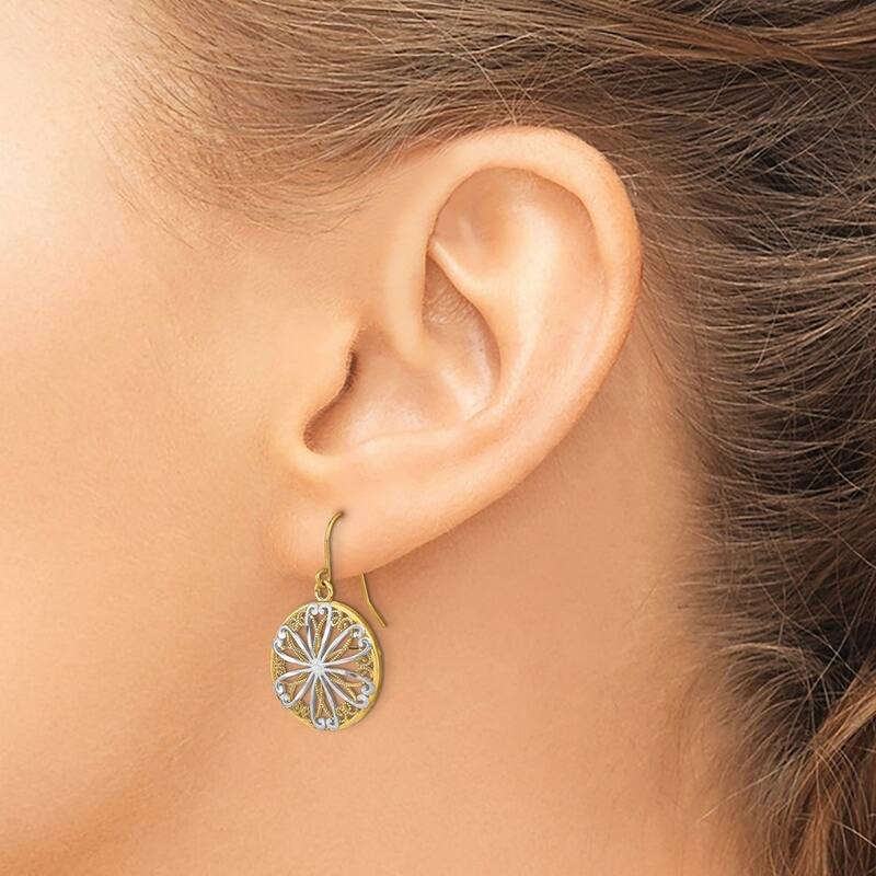 Curata 14k Yellow Gold Round Frame With Flower Inside Wire Earrings
