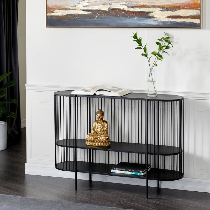 Metal Narrow Oval 2 Shelf Console Table with Open Wire Frame - Black - Roche River Decor