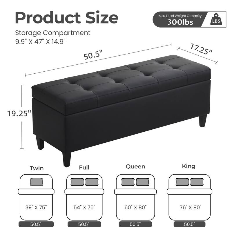 Black Faux Leather Storage Bench, Modern Ottoman Entryway Bench with Hidden Compartment for Bedroom or Living Room