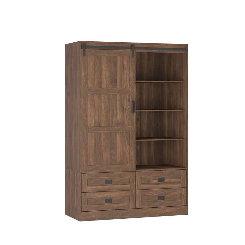 Armoire Wardrobe Closet, Wardrobe Cabinet with Sliding Barn Door, 4 Drawers,Adjustable Shelves & Hanging Rod