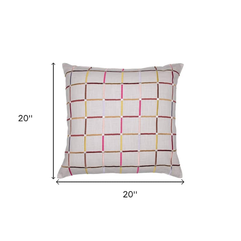 HomeRoots 20" White Check Cotton Blend Throw Pillow With Embroidery