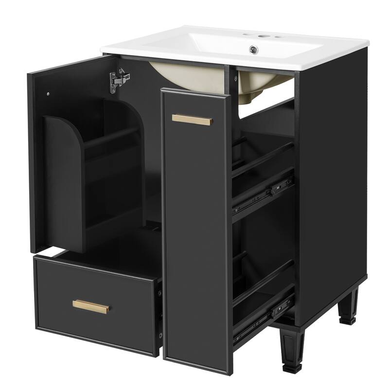Bathroom Vanity with Ceramic Sink, Freestanding Bathroom Cabinets with Door Shelf, Deep Drawer & 2-Tier Pull-Out Baskets