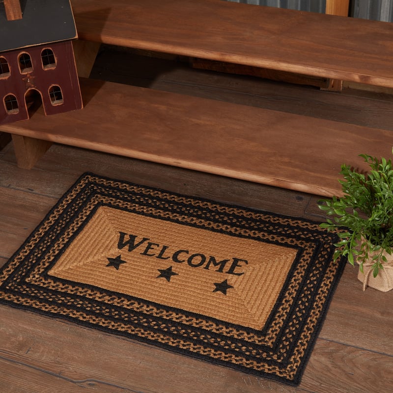 Farmhouse Jute Rug Rect Stencil Stars Welcome w/ Pad 20x30 - 20" x 30" - 20" x 30" - Black