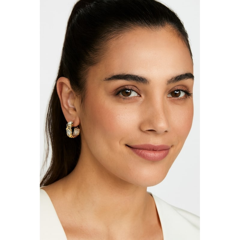 Rivka Friedman 18K Gold Clad Hoop with CZ and White Rhodium Clad - 1"