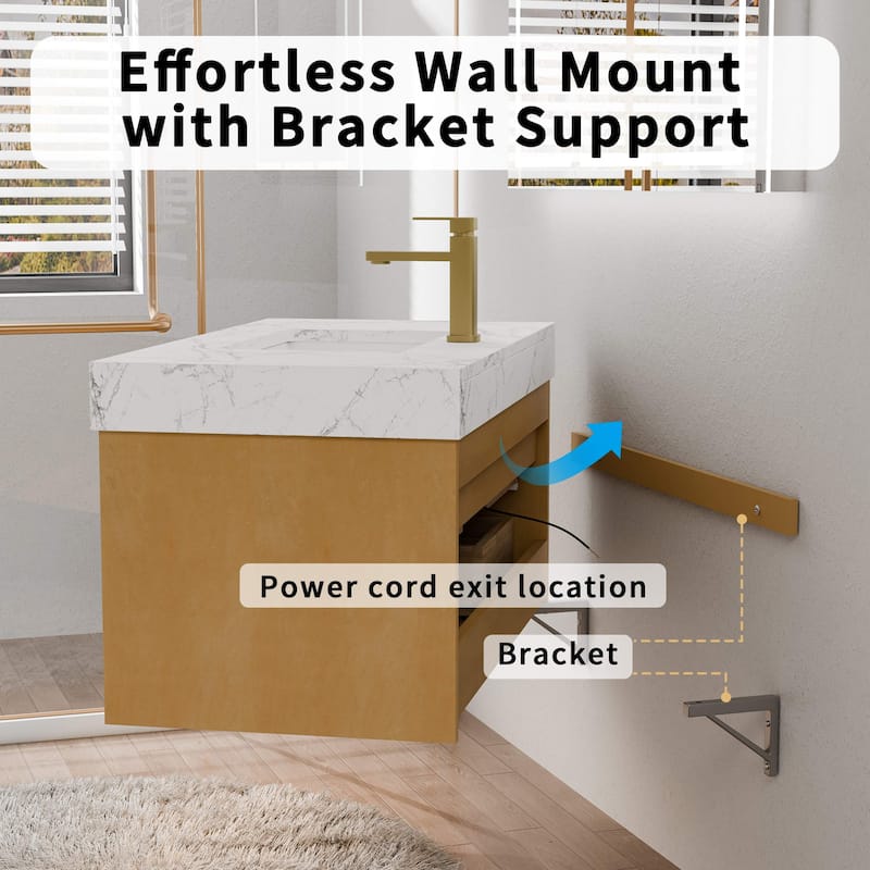 Modland 36" Floating Modern Bathroom Vanity with Single Sink,Maple Wood Wall Mounted Vanity with Marble Countertop - 36 Inch