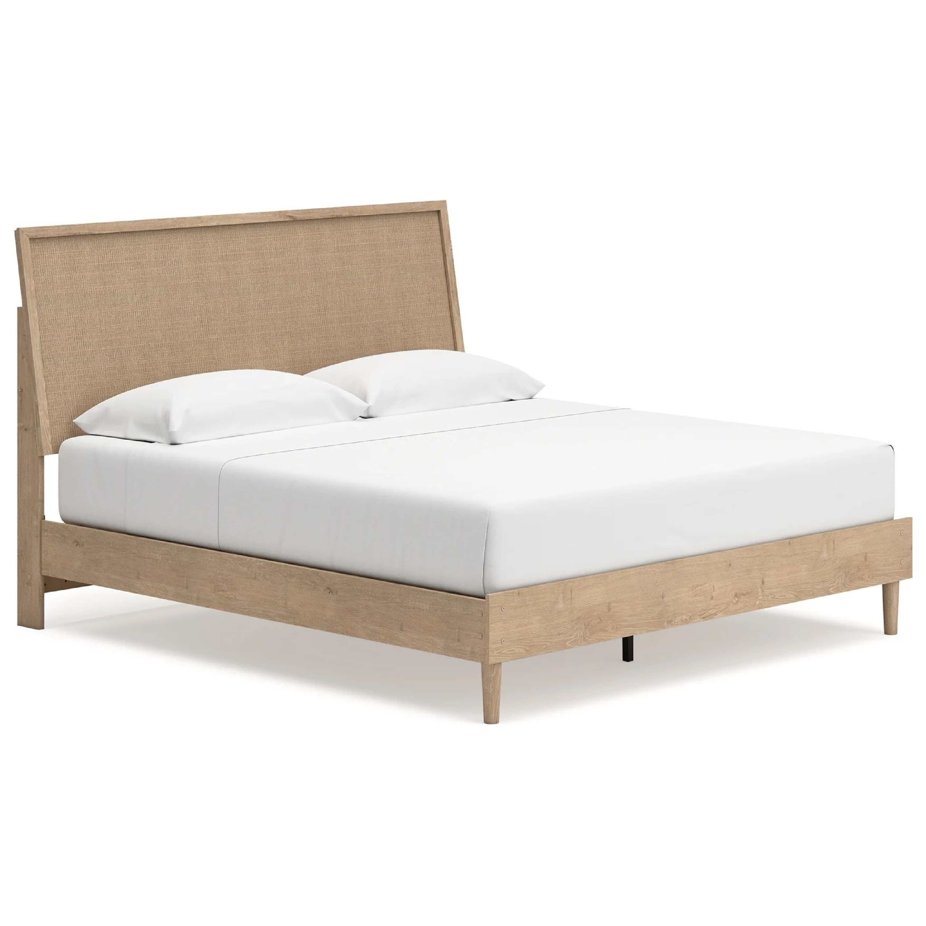 Benjara Ciel King Panel Bed with Cane Style Headboard, Brown and Beige Wood