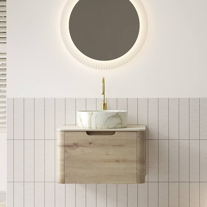 24" Bathroom Vanity with Sink,Plywood Storage Cabinet with Drawer,Ceramic Basin with Stone Pattern and Sintered Stone Top - White+White Oak