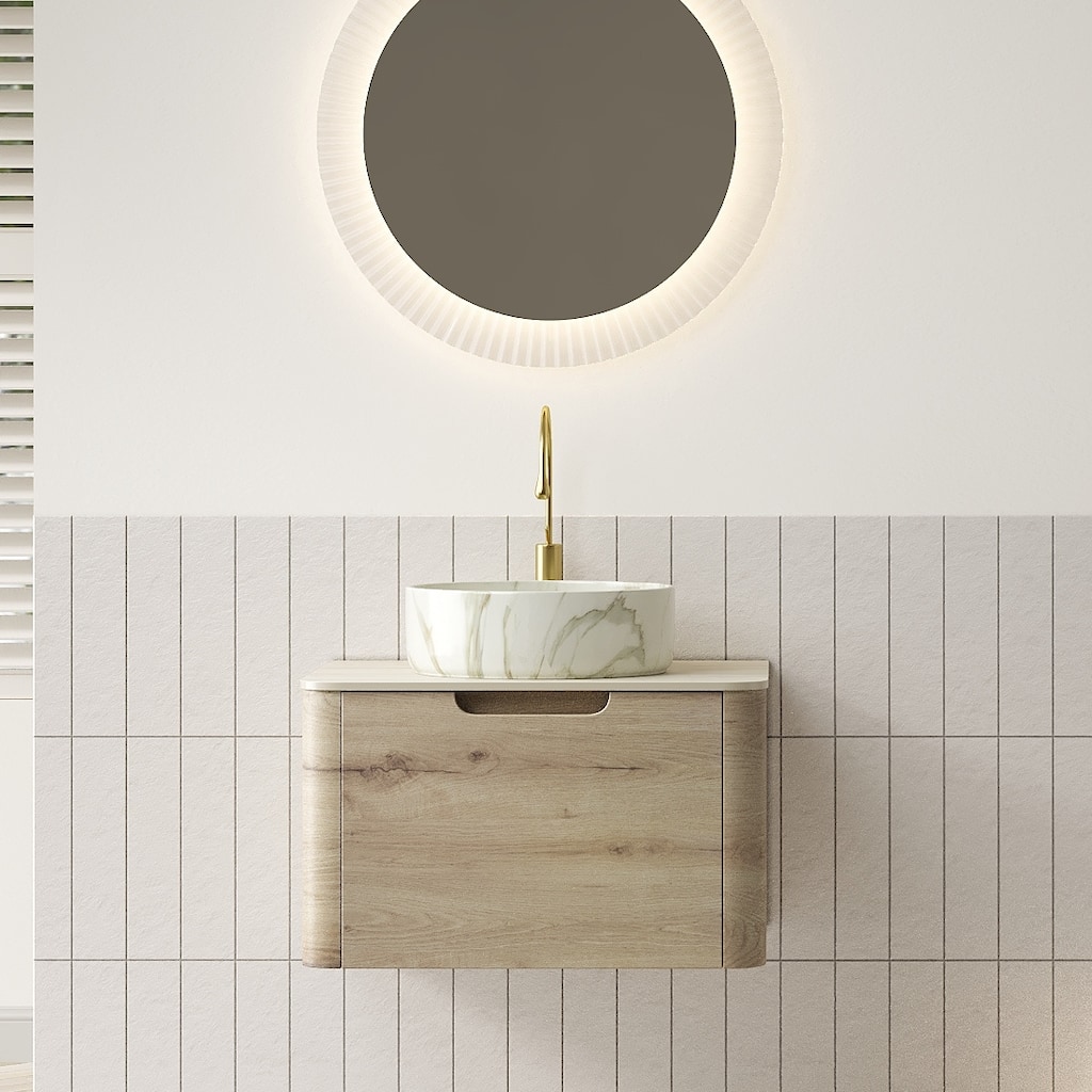 Floating Bathroom Vanity with Round Sink, Wall-Mounted Bathroom Storage Cabinet with Roma Travertine-Pattern Sintered Stone Top